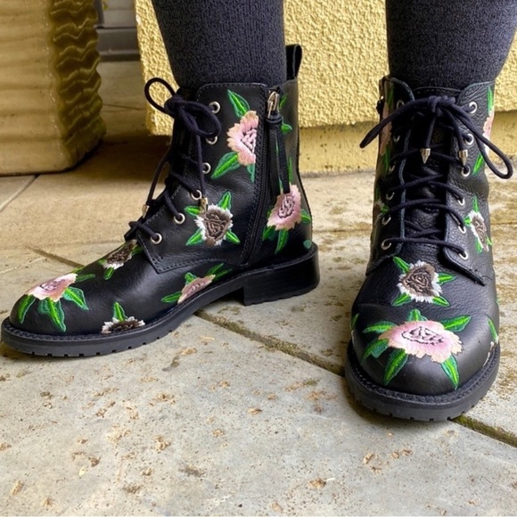 NEW Rebecca Minkoff Black Floral Embroidered Gerry Lamb Leather Combat Boots - Picture 5 of 6